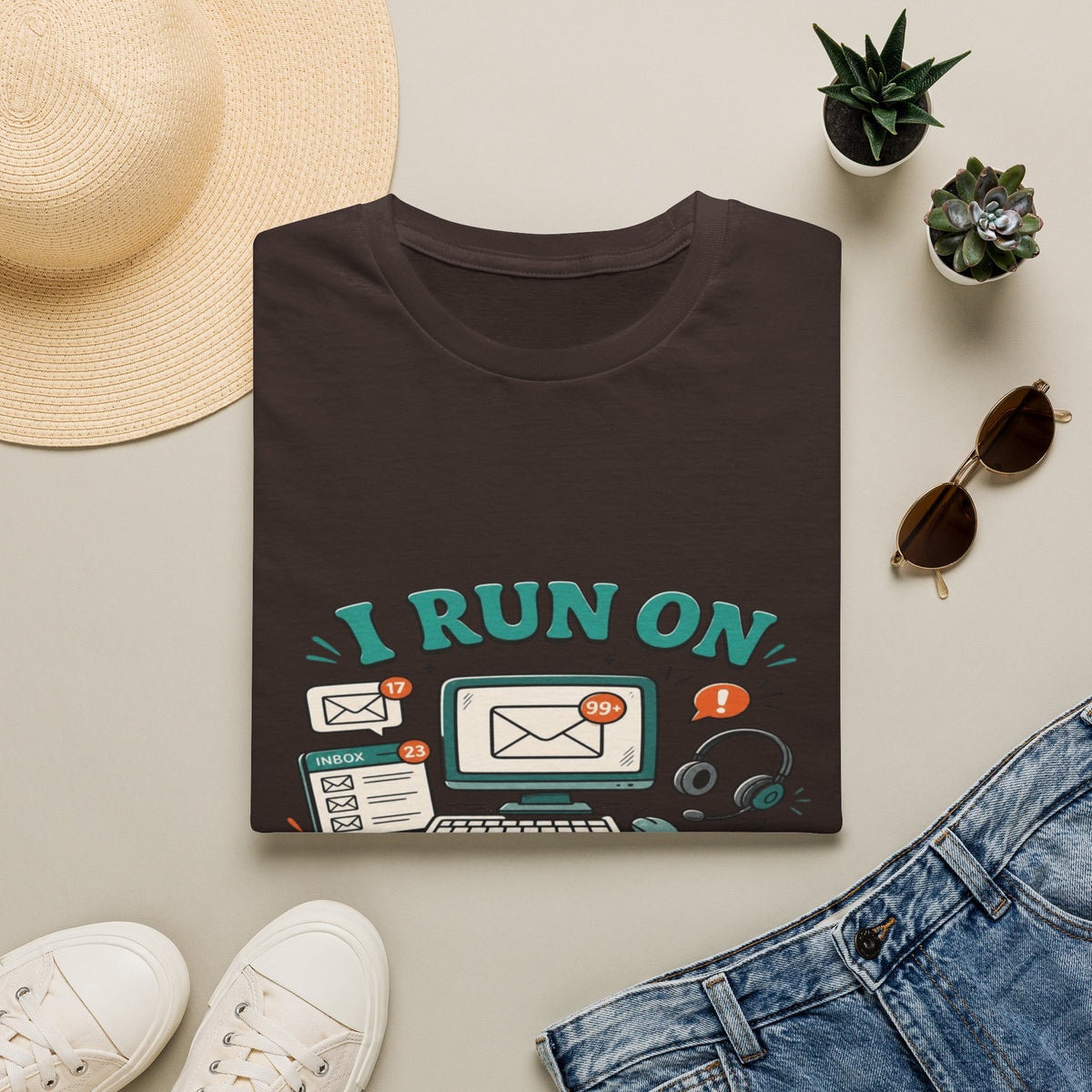 Bold T-Shirt Design With Playful Email And Coffee Illustrations- Graphic Tees