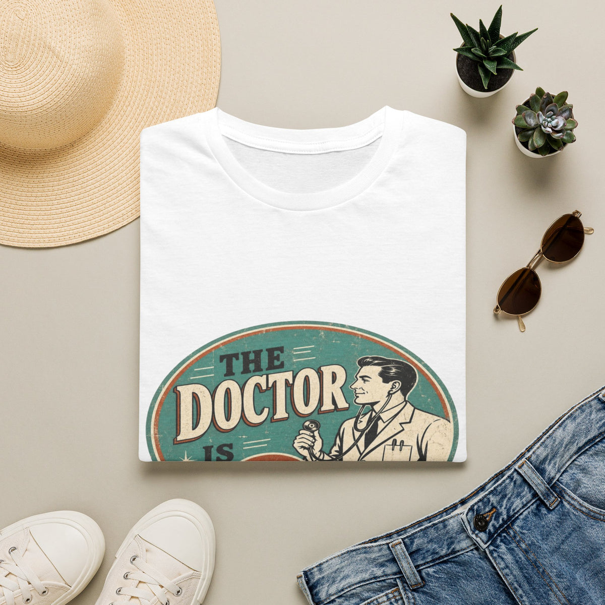 Vintage 1950s Doctor Office Graphic With Classic Badge- Graphic Tees