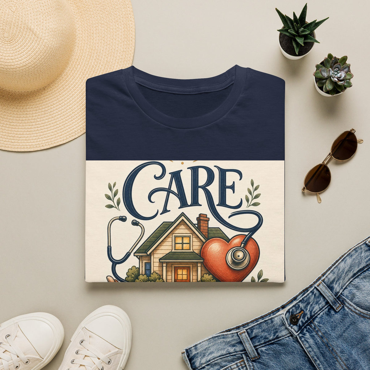 T Shirt Design Featuring Care Comes Home With Warm Illustrations