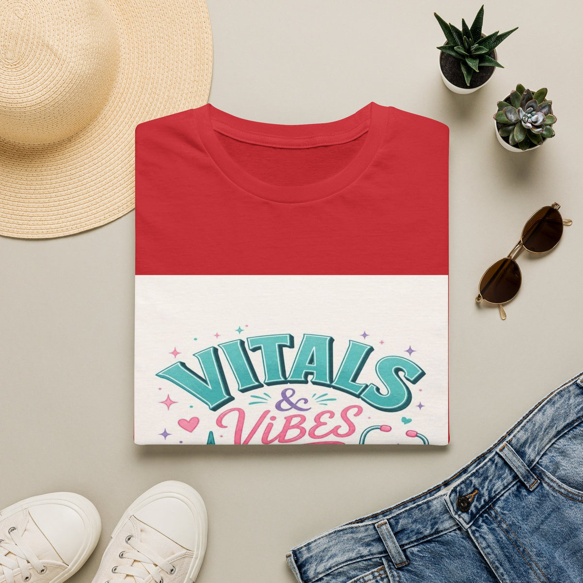 Trendy T-Shirt Design Featuring Vitals And Vibes Phrase- Graphic Tees