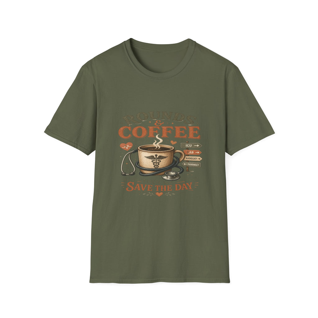 Coffee Cup With Stethoscope Combining Vintage Café And Medical Aesthetics- Graphic Tees
