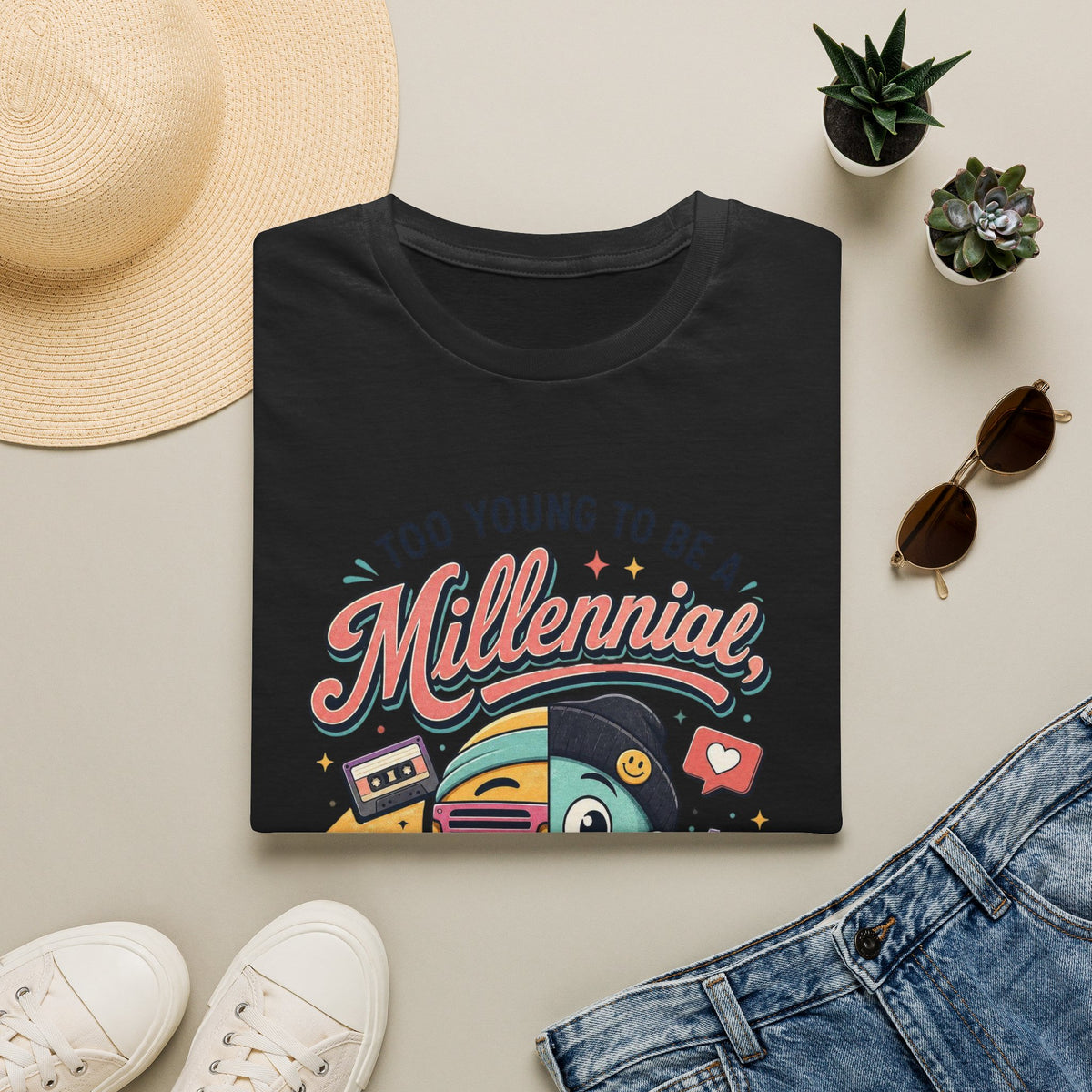 Millennial vs Gen Z Retro Graphic T‑Shirt — "Too Young to Be a Millennial, Too Old to Be a Gen Z"