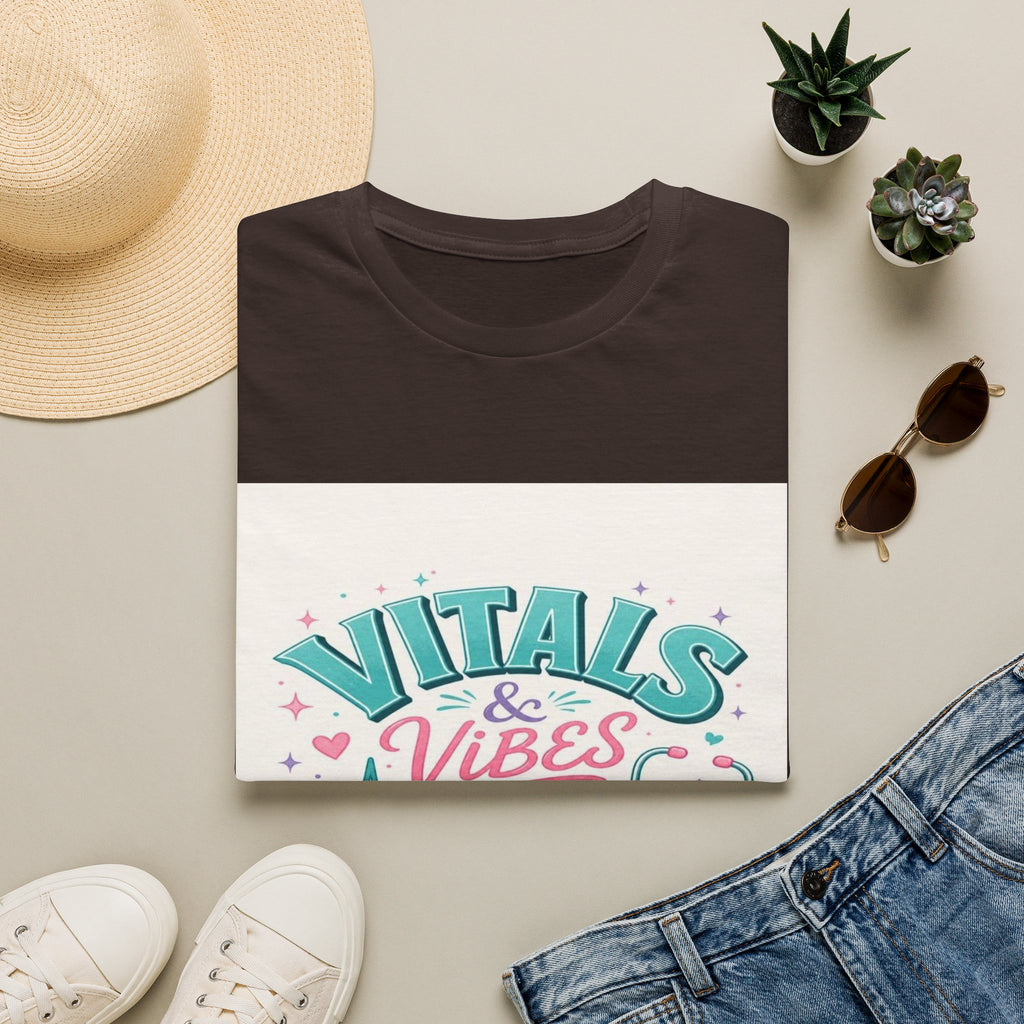 Trendy T-Shirt Design Featuring Vitals And Vibes Phrase- Graphic Tees