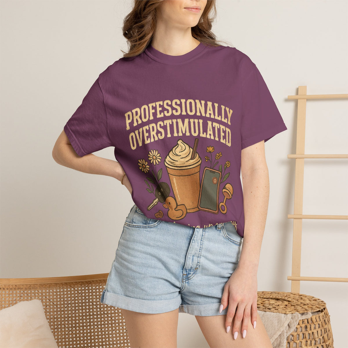 Professionally Overstimulated Graphic T-Shirt — Coffee, Phone & Cozy Aesthetic