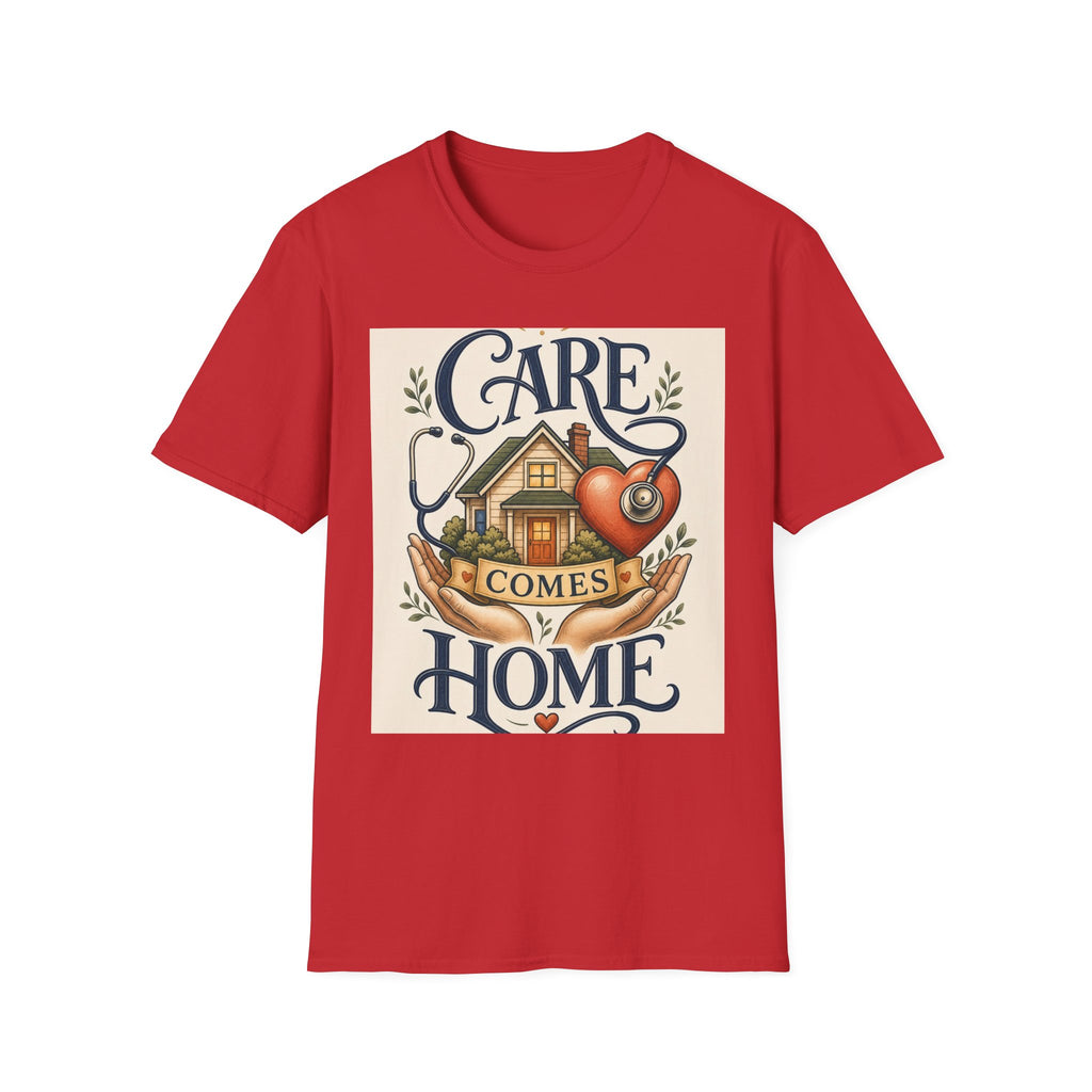 T Shirt Design Featuring Care Comes Home With Warm Illustrations