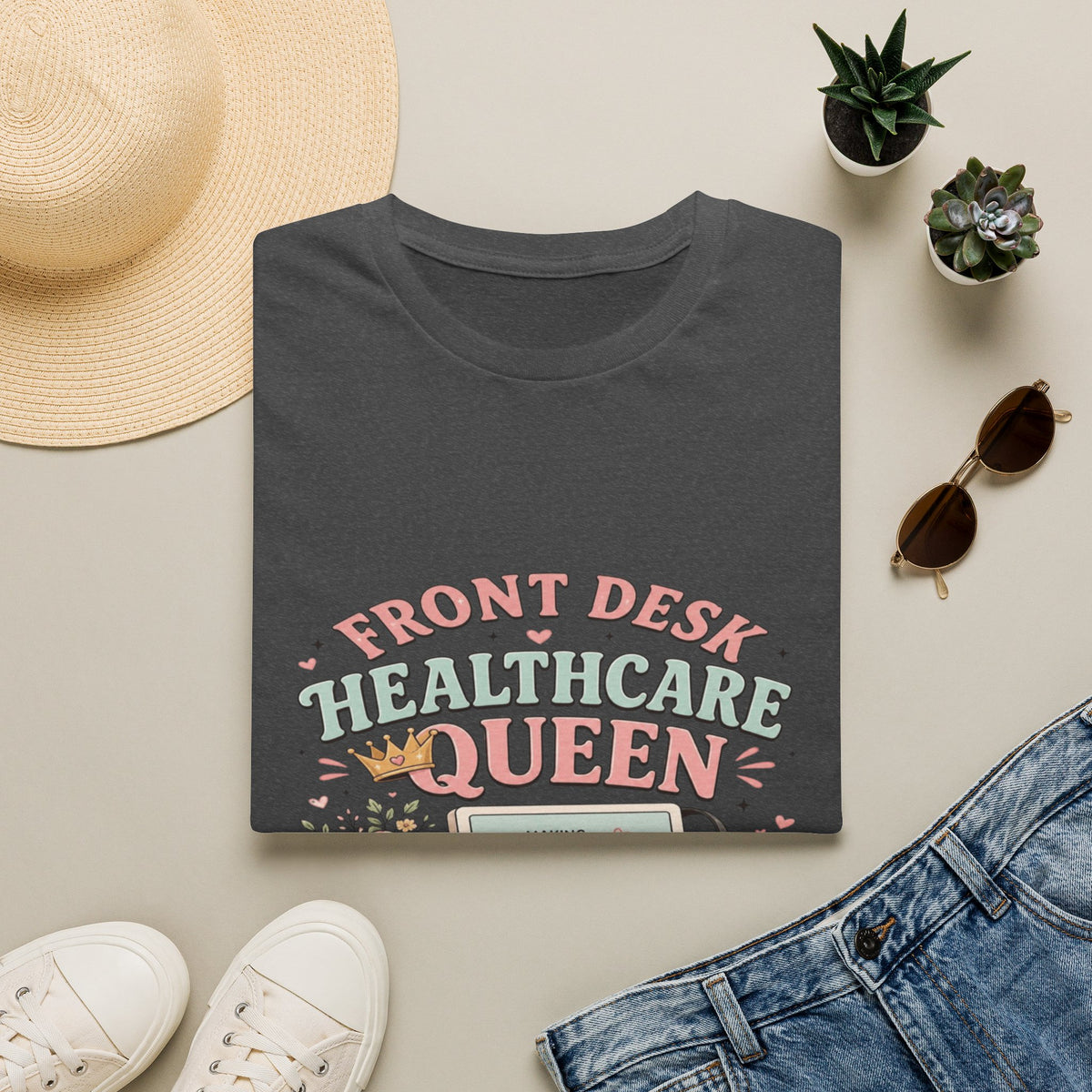 Playful Feminine Design For Front Desk Healthcare Queen- Graphic Tees