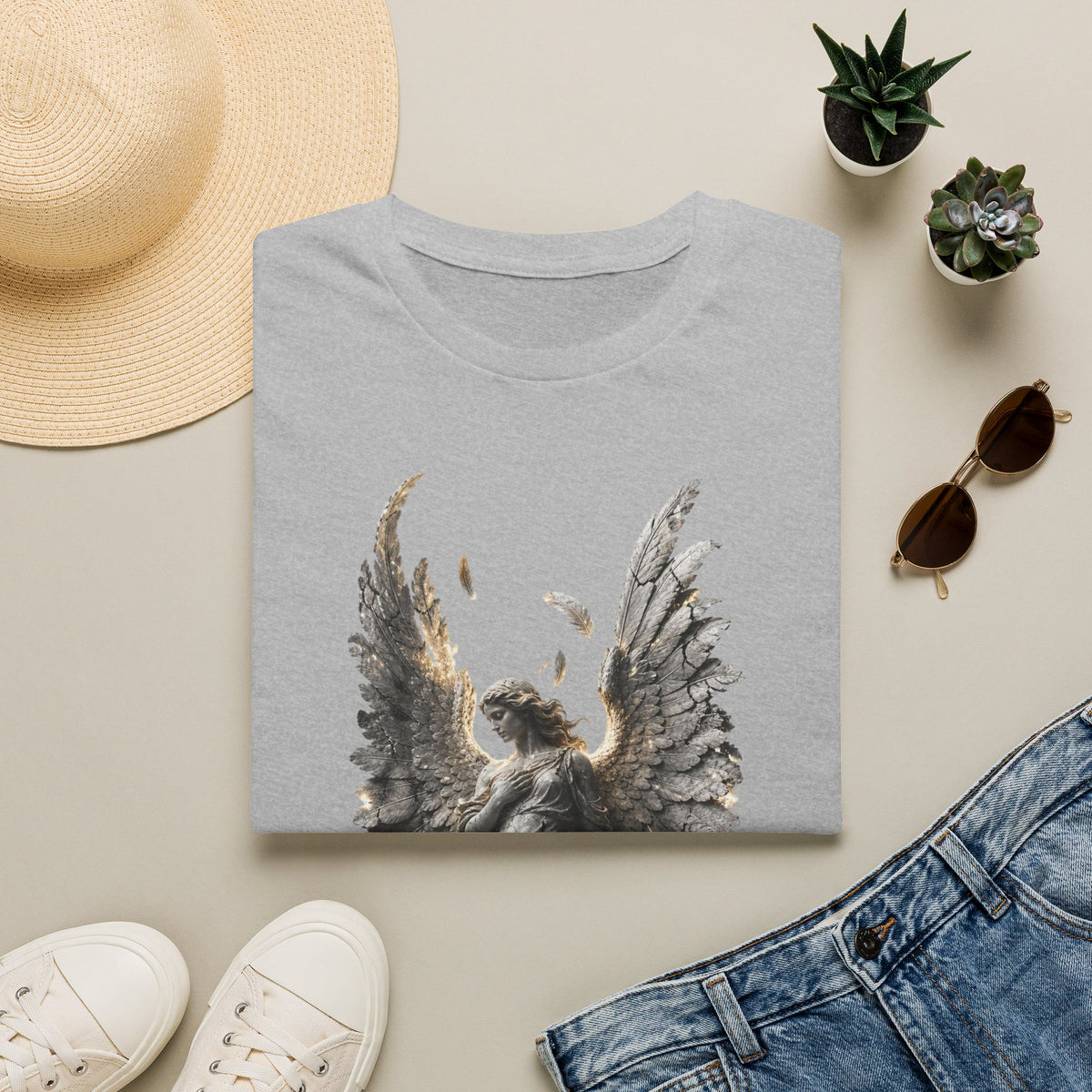 Angel Wings Graphic T-Shirt — Fallen Feather Statue Design