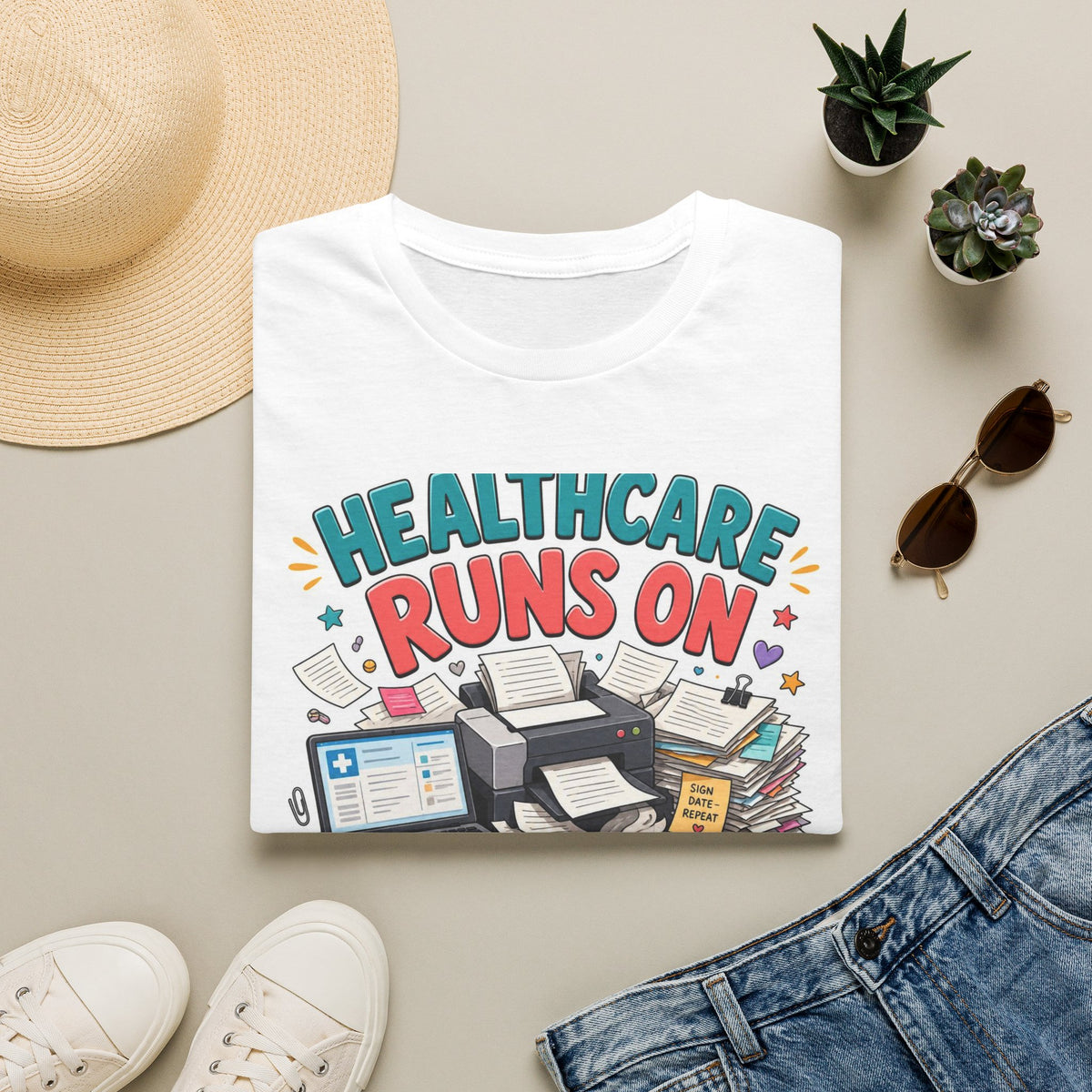 Humorous T Shirt Design Highlighting Healthcare's Paperwork Chaos