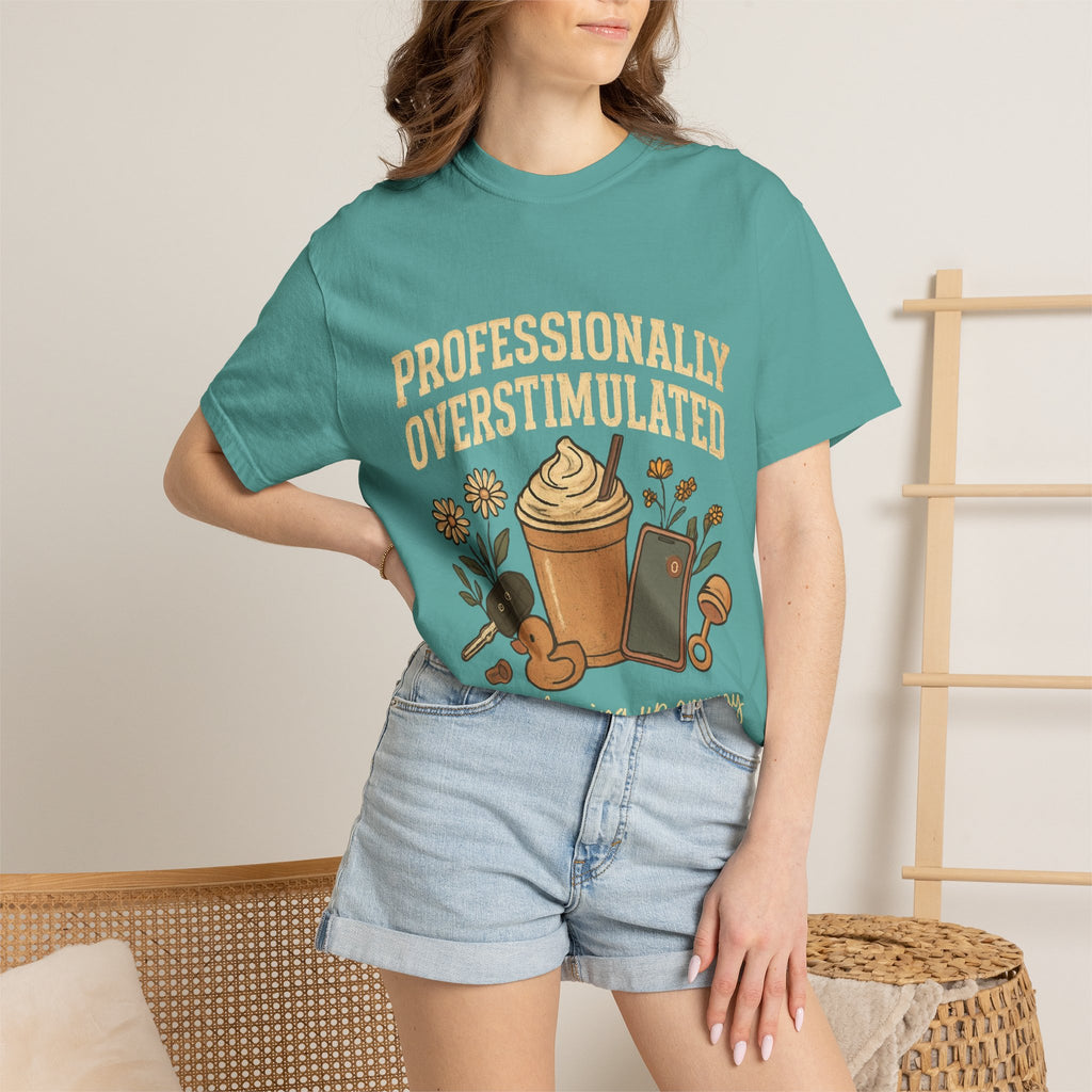 Professionally Overstimulated Graphic T-Shirt — Coffee, Phone & Cozy Aesthetic