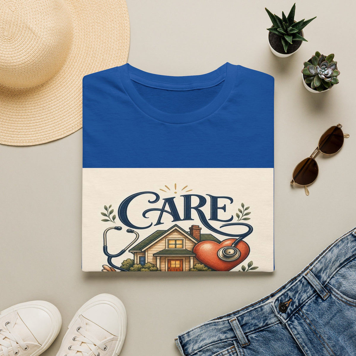 T-shirt Design Featuring Care Comes Home With Warm Illustrations- Graphic Tees