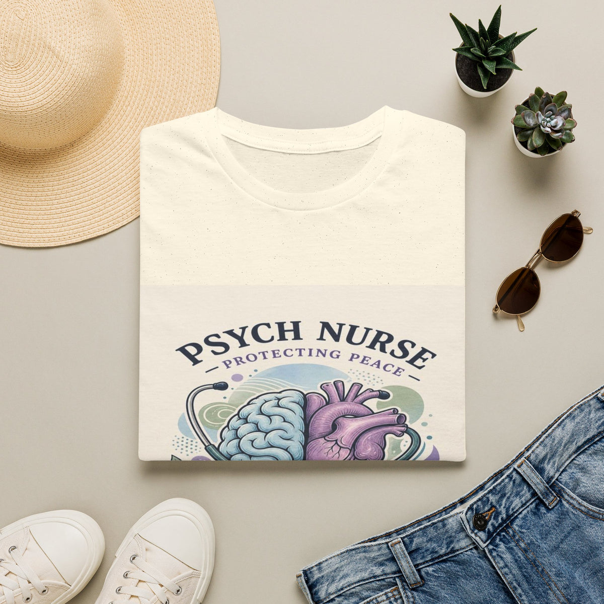 Stylized Brain And Heart Illustration With Stethoscope Art- Graphic Tees