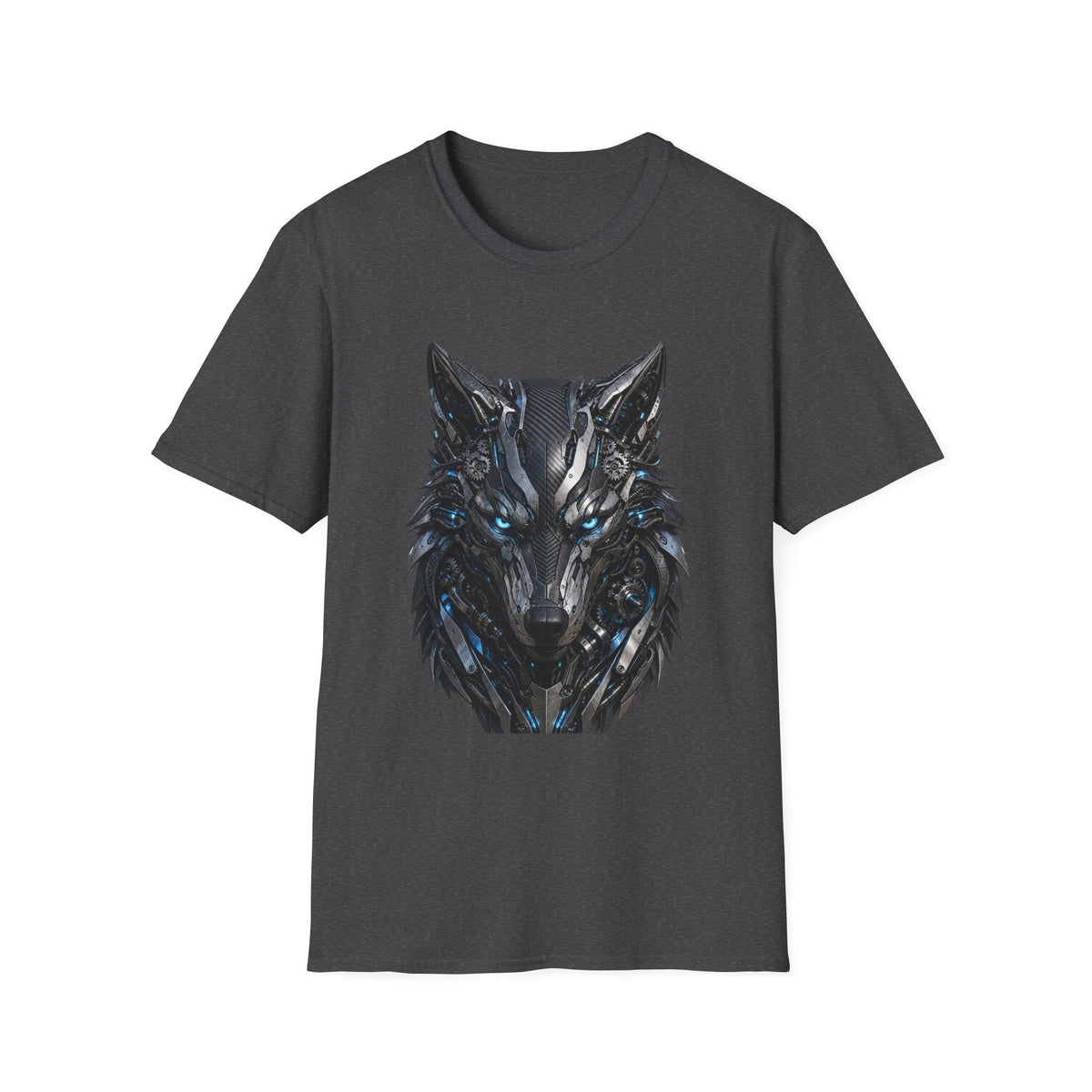Wolf Mask T-Shirt — Futuristic Blue-Eyed Cyber Wolf Graphic Tee