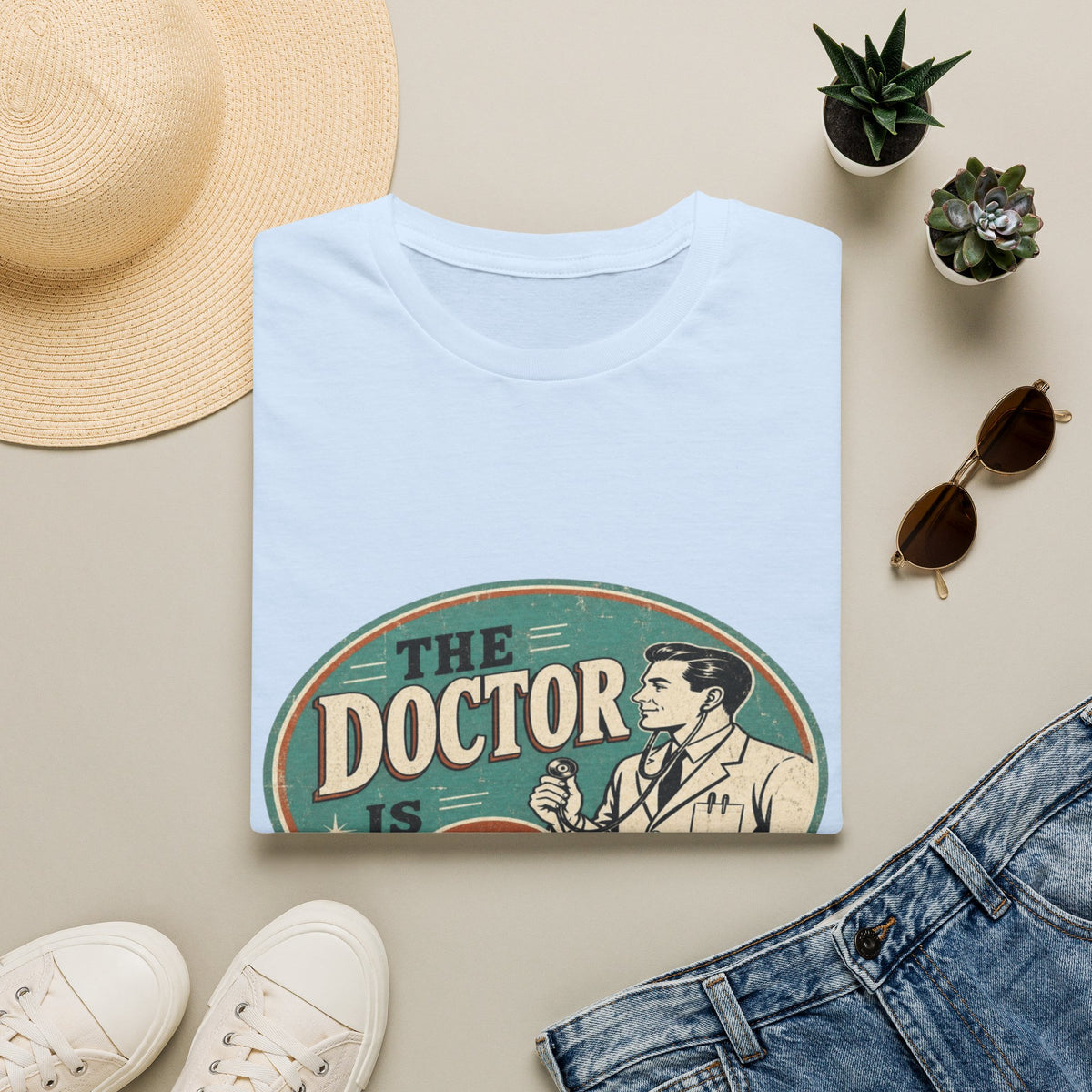 Vintage 1950s Doctor Office Graphic With Classic Badge- Graphic Tees