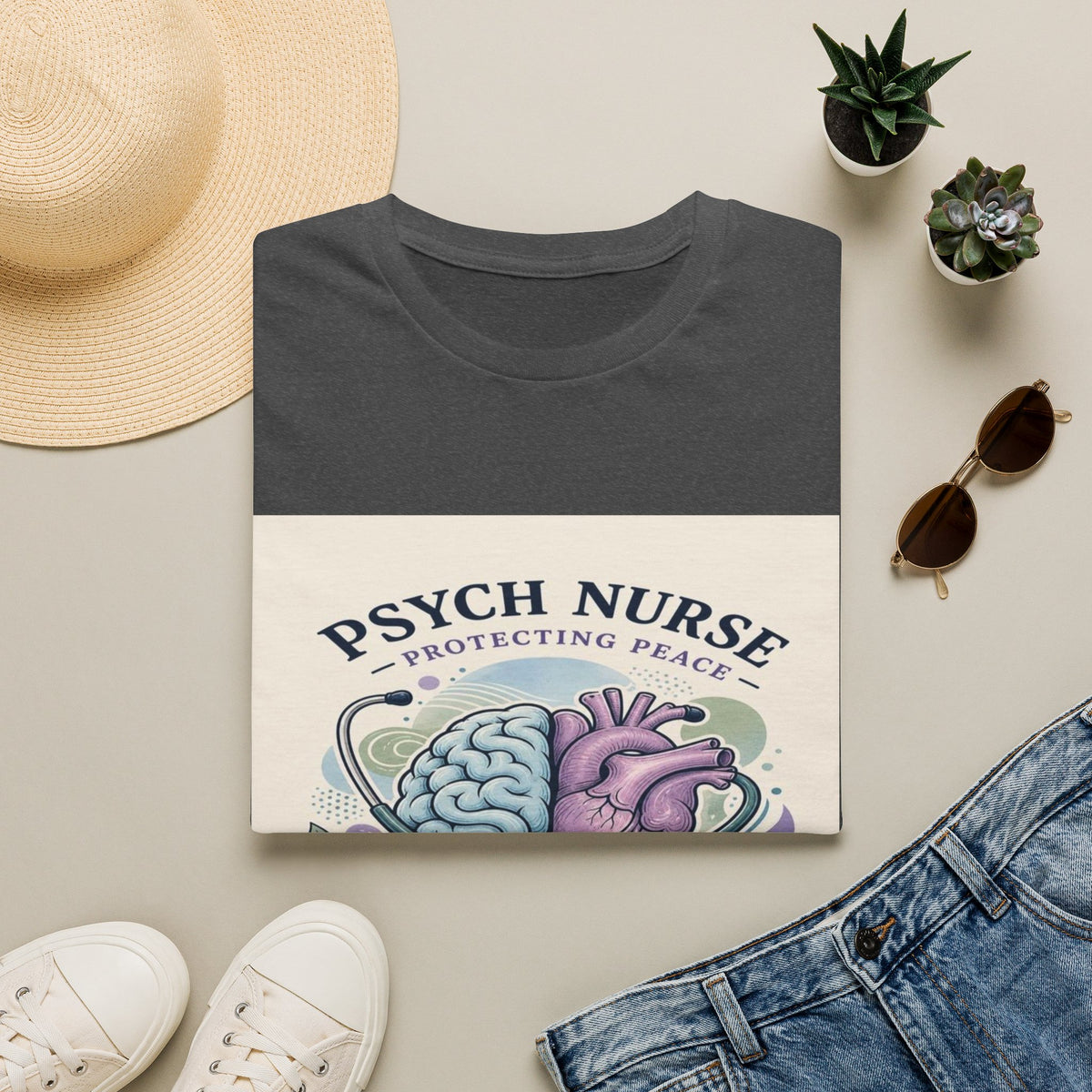 Stylized Brain And Heart Illustration With Stethoscope Art- Graphic Tees