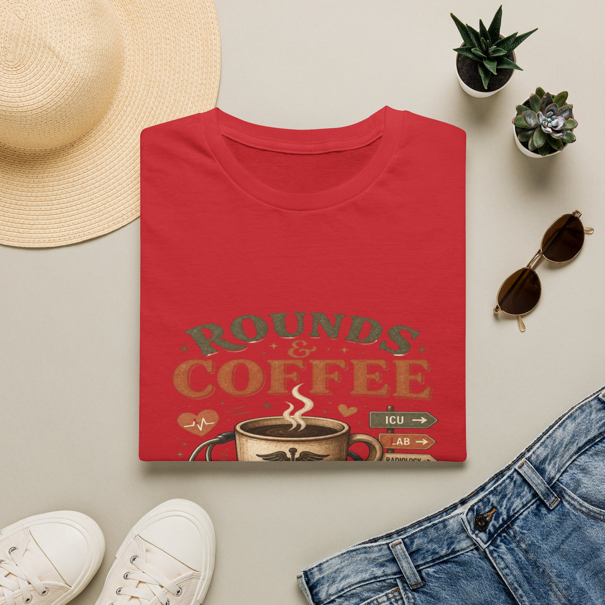 Coffee Cup With Stethoscope Combining Vintage Café And Medical Aesthetics- Graphic Tees