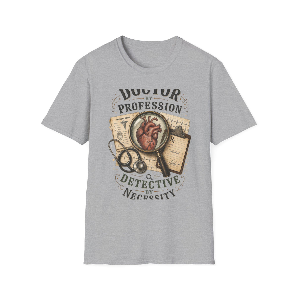 Vintage Detective Inspired T Shirt Featuring Anatomical Heart And Magnifying Glass