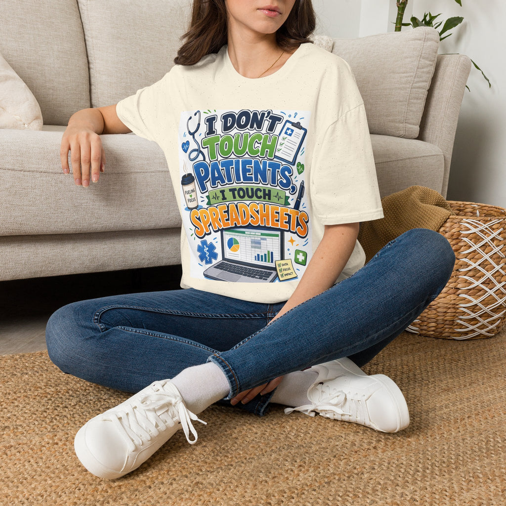 Humorous T Shirt Design Featuring Playful Healthcare And Spreadsheet Imagery