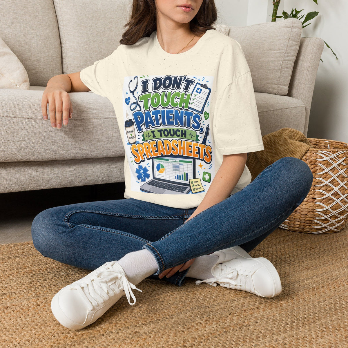 Humorous T Shirt Design Featuring Playful Healthcare And Spreadsheet Imagery