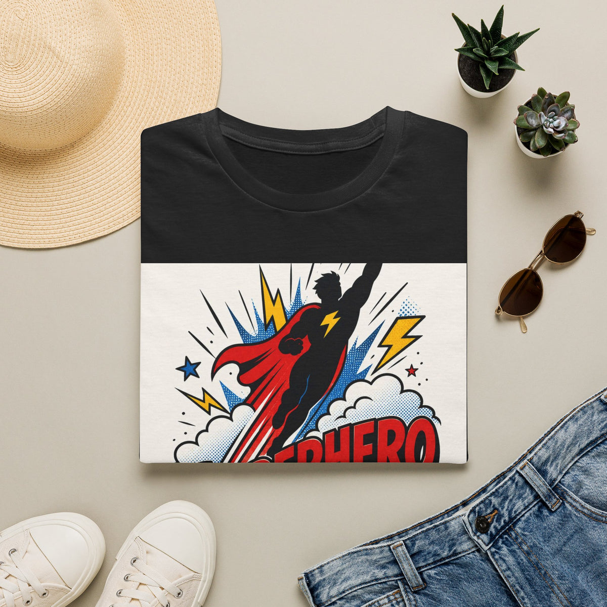 Dynamic Superhero Silhouette Soaring Through Colorful Clouds