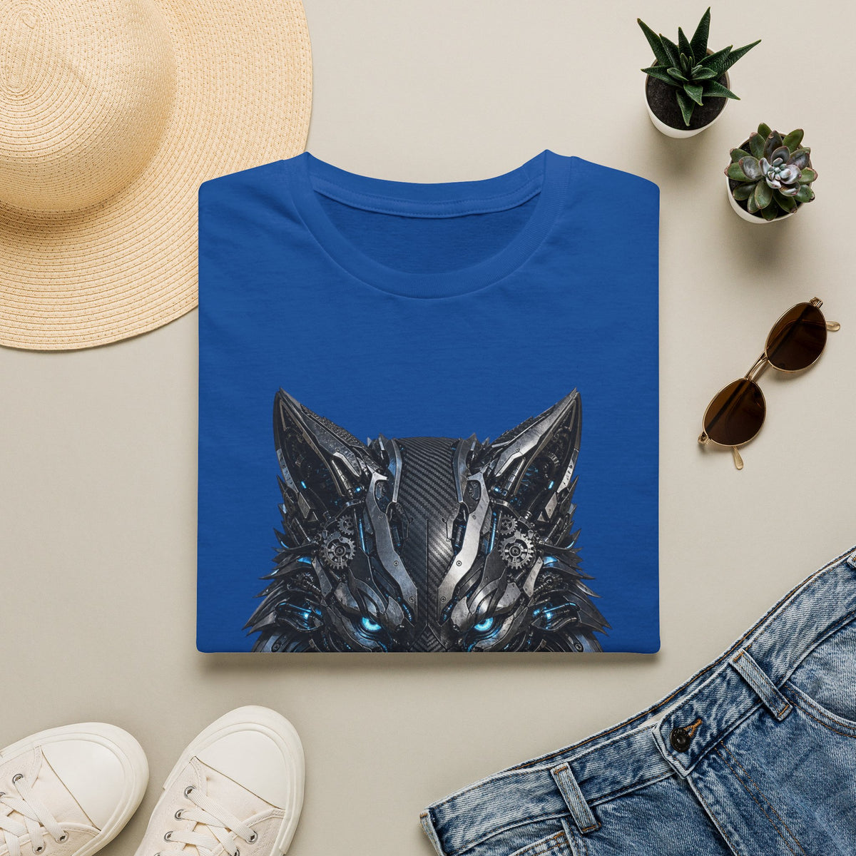 Wolf Mask T-Shirt — Futuristic Blue-Eyed Cyber Wolf Graphic Tee
