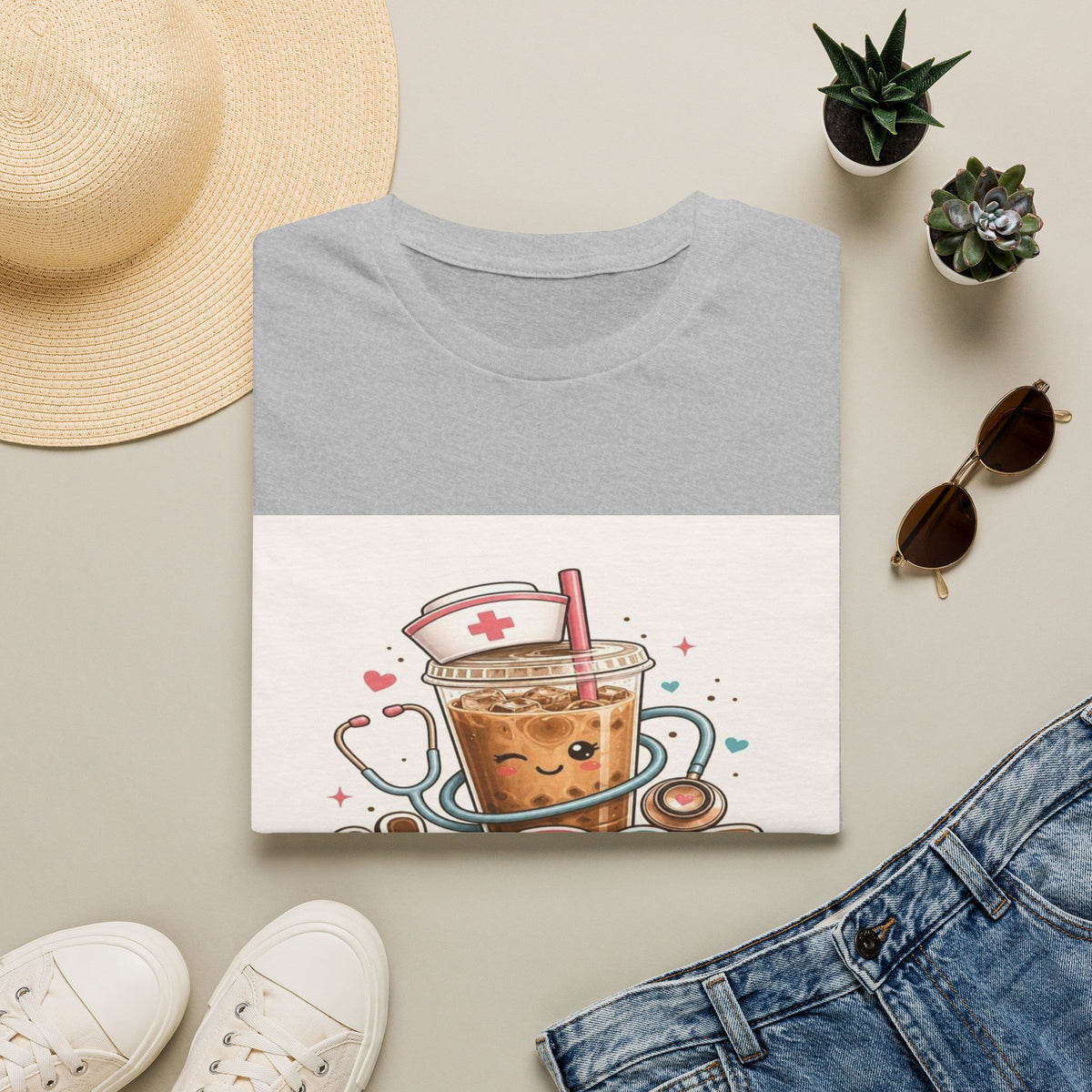 Cute T-Shirt Design Featuring Iced Coffee And Nurse Cap- Graphic Tees