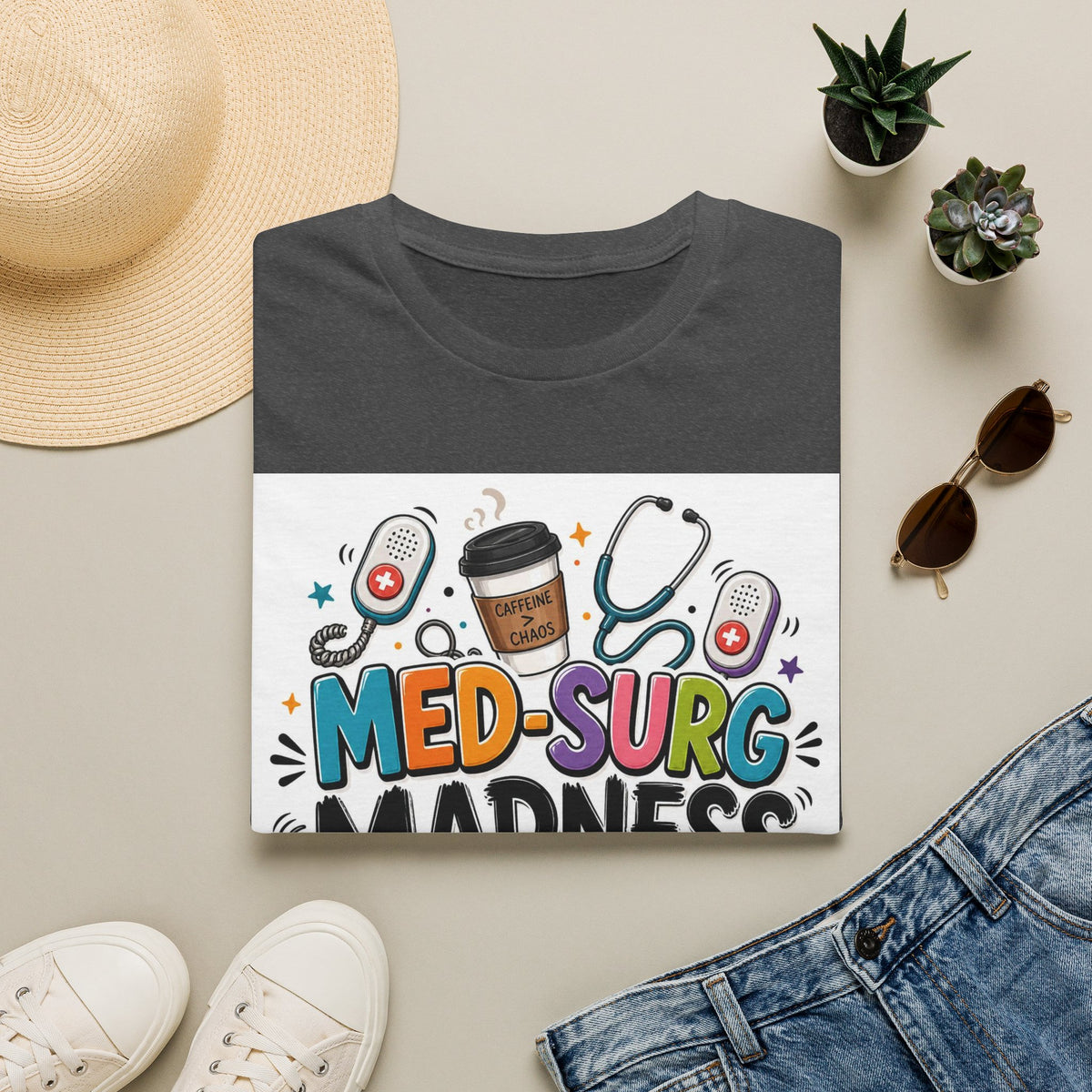 Vibrant T Shirt Design Featuring MED SURG MADNESS Phrase (1)
