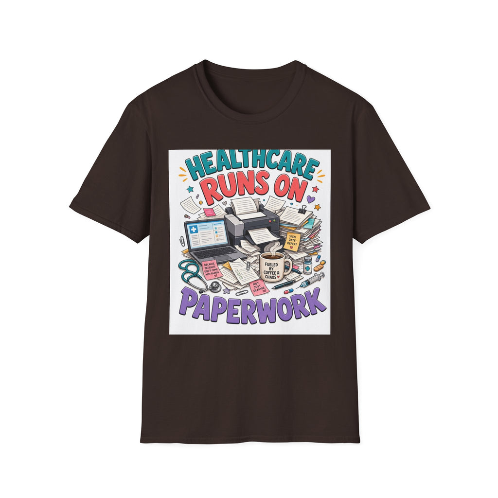 Humorous T Shirt Design Highlighting Healthcare's Paperwork Chaos