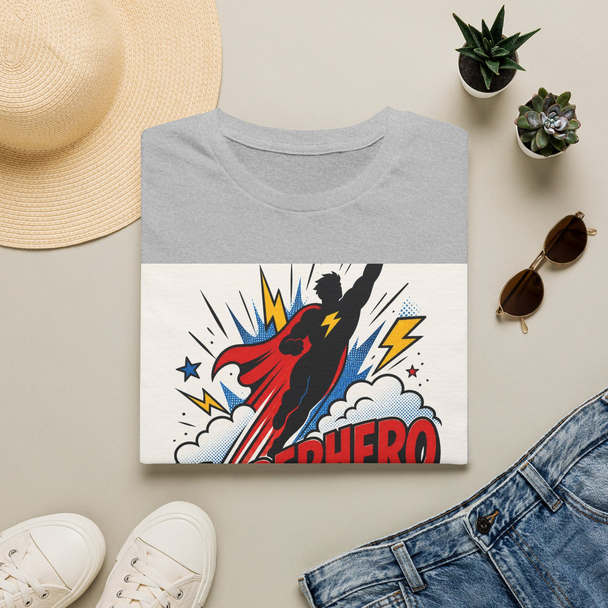 Dynamic Superhero Silhouette Soaring Through Colorful Clouds