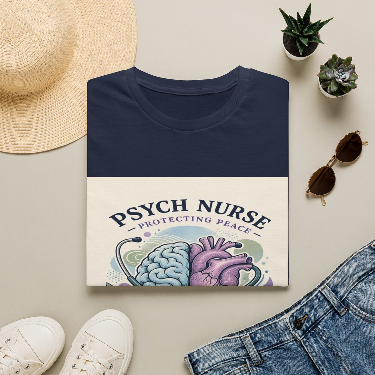 Stylized Brain And Heart Illustration With Stethoscope Art- Graphic Tees