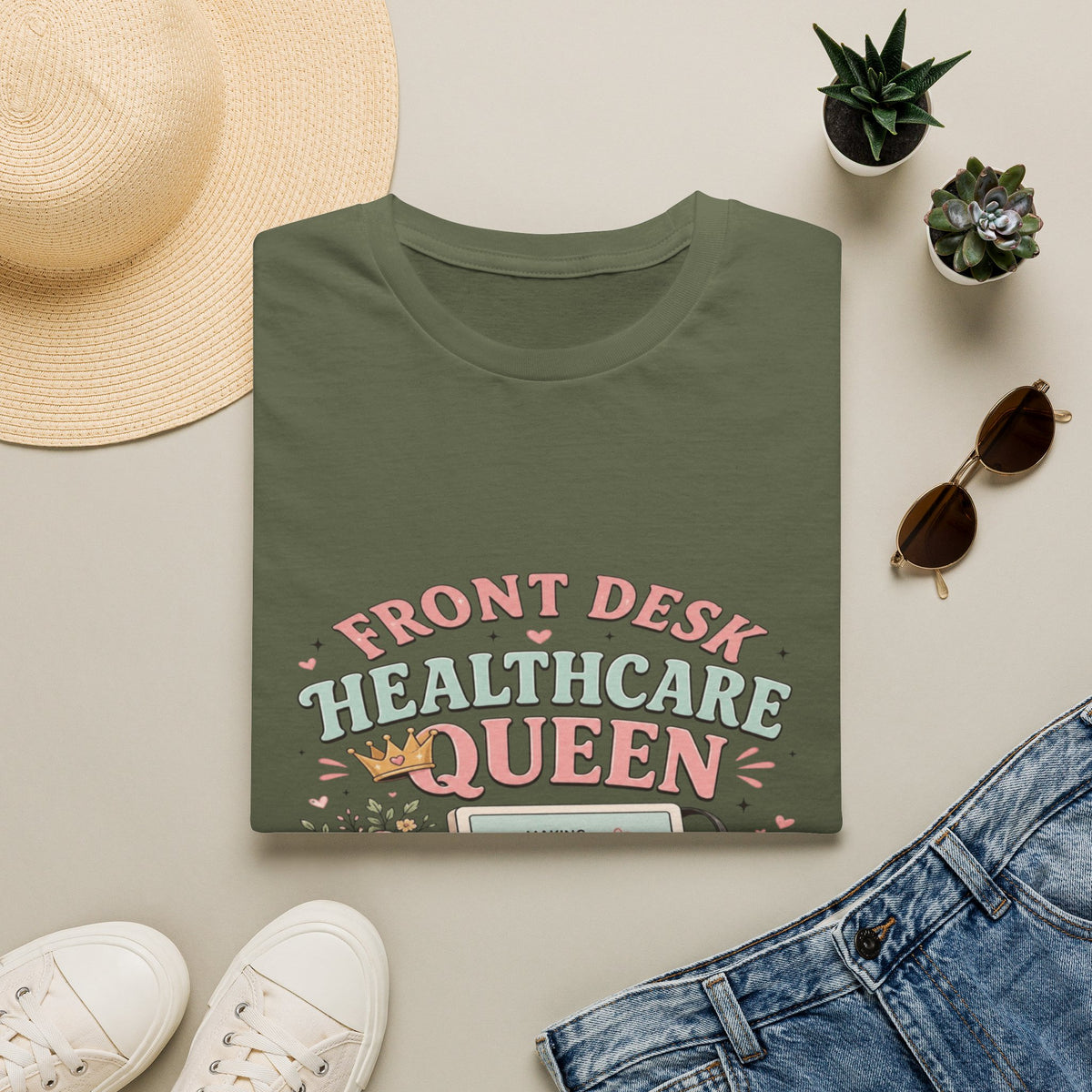 Playful Feminine Design For Front Desk Healthcare Queen- Graphic Tees