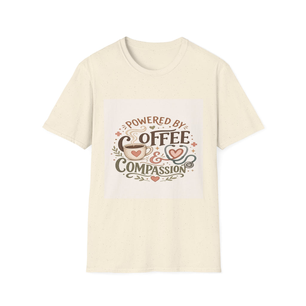 Cozy T-shirt Design Featuring Hand-Lettered Coffee and Compassion- Graphic Tees