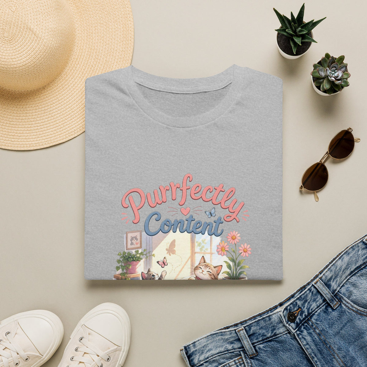 Purrfectly Content T-Shirt — Cute Cat Graphic Tee for Cat Lovers