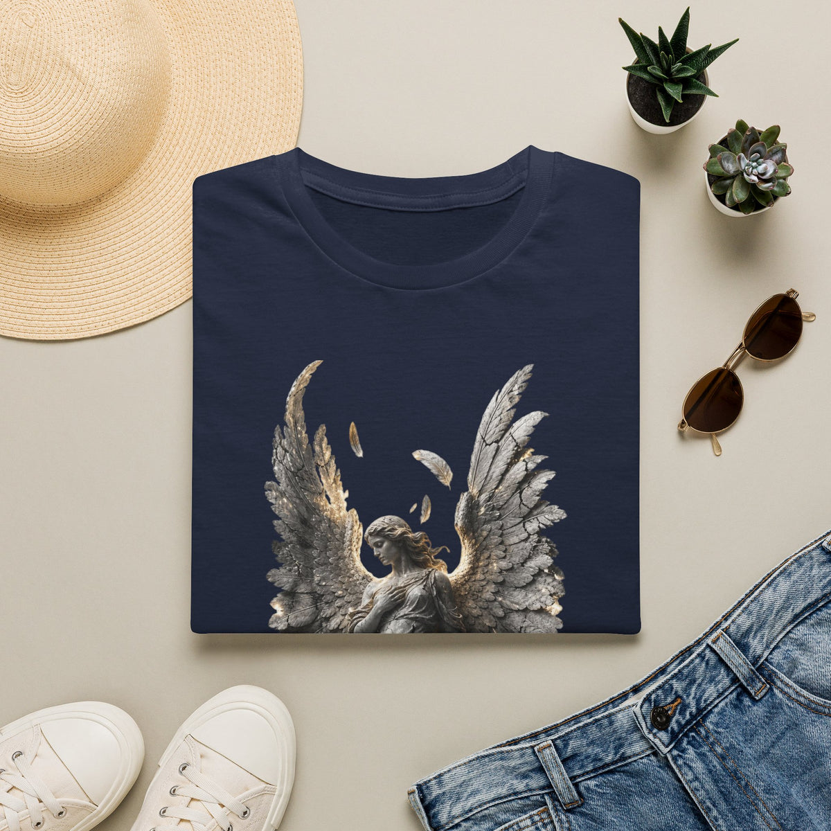 Angel Wings Graphic T-Shirt — Fallen Feather Statue Design