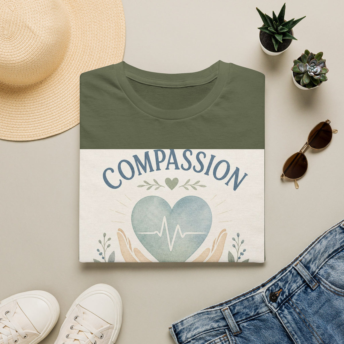 T Shirt Design Featuring Compassion Lives Here With Heart And Hands