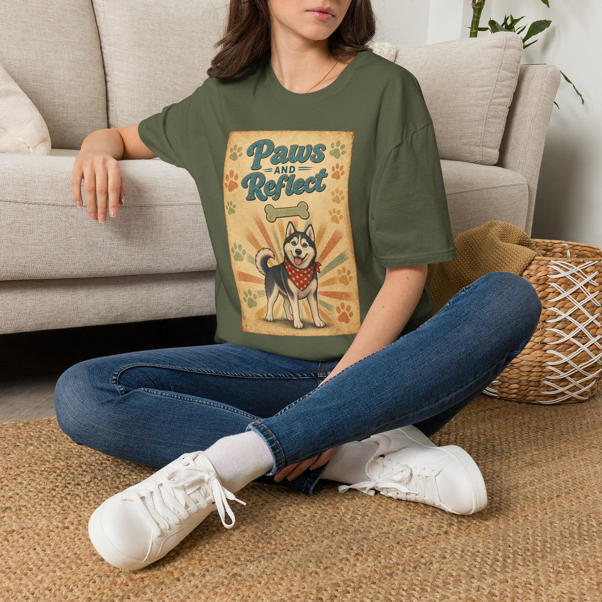 Paws and Reflect Dog Graphic T-Shirt — Retro Pup Pawprint Tee