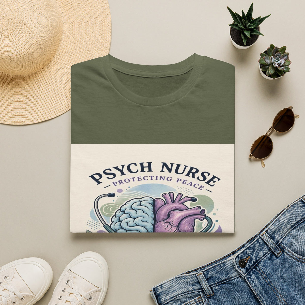 Stylized Brain And Heart Illustration With Stethoscope Art- Graphic Tees