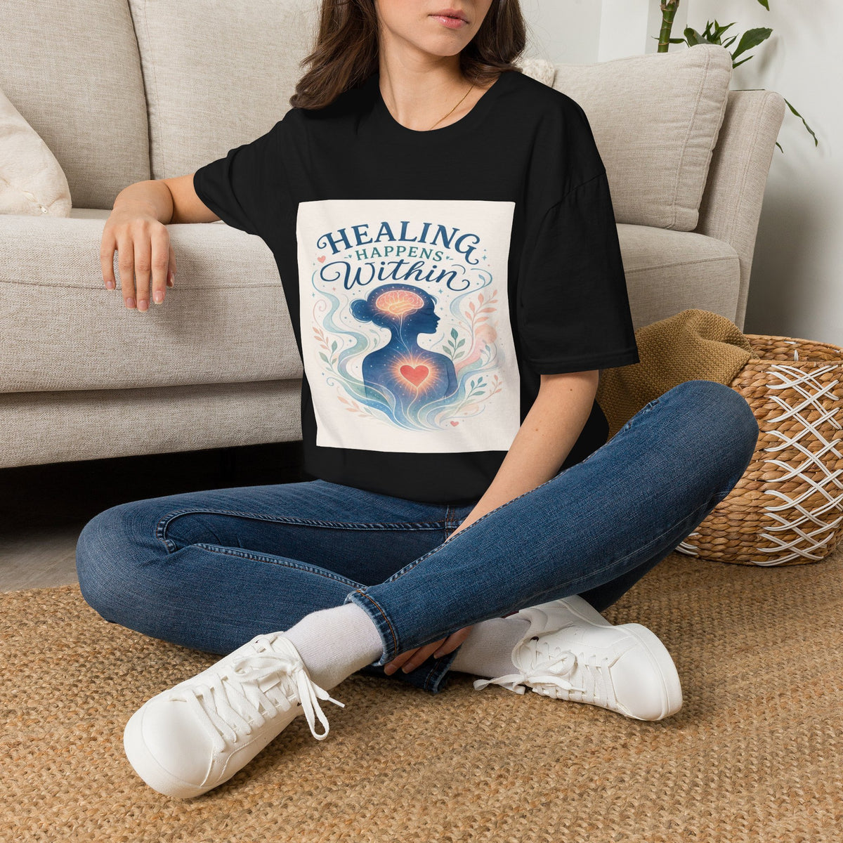 Human Silhouette With Glowing Brain And Heart Design- Graphic Tees