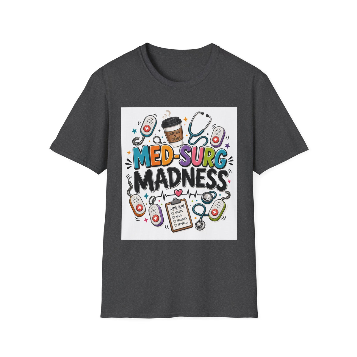 Vibrant T Shirt Design Featuring MED SURG MADNESS Phrase (1)