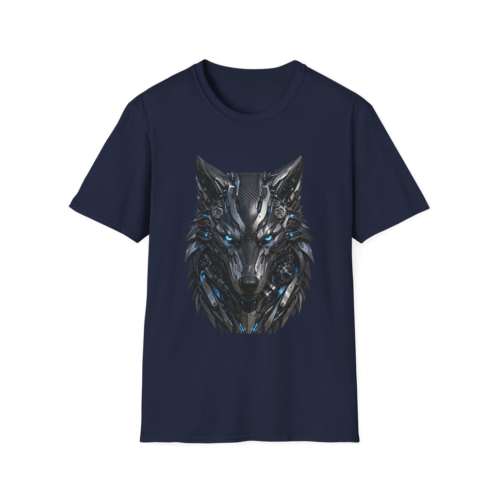 Wolf Mask T-Shirt — Futuristic Blue-Eyed Cyber Wolf Graphic Tee