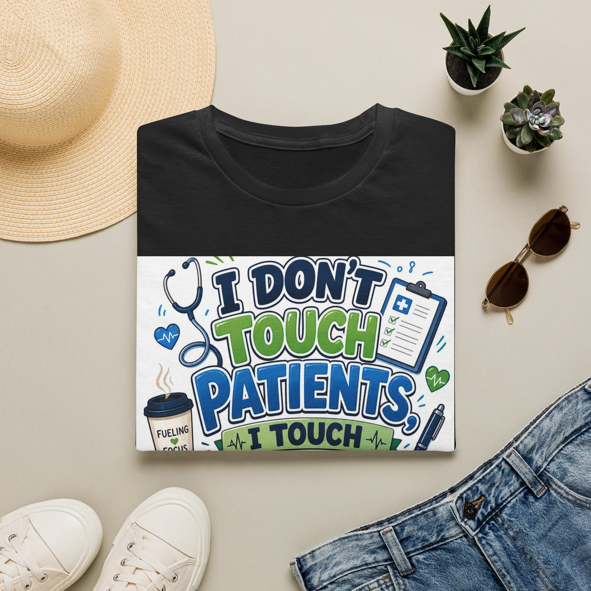 Humorous T Shirt Design Featuring Playful Healthcare And Spreadsheet Imagery