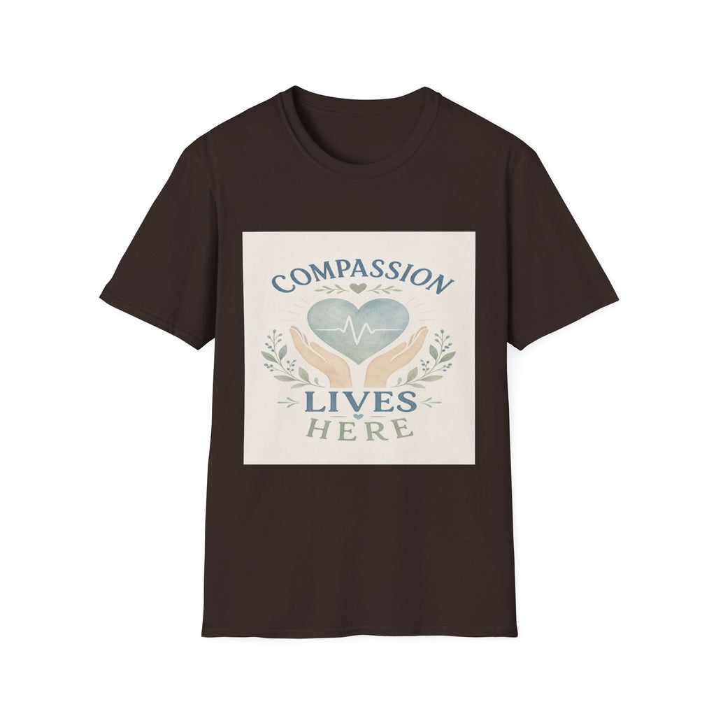 T-shirt Design Featuring Compassion Lives Here With Heart and Hands- Graphic Tees