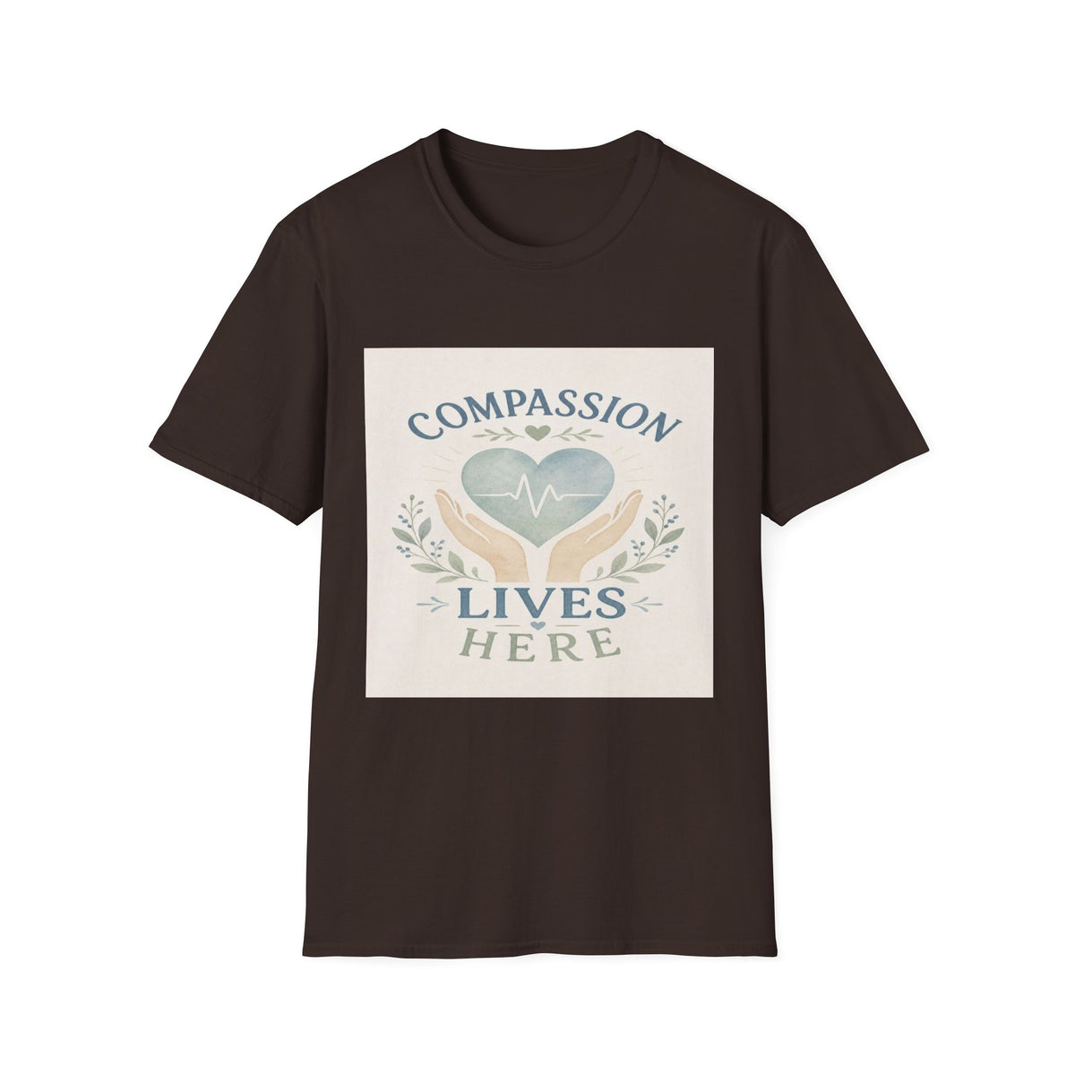 T-shirt Design Featuring Compassion Lives Here With Heart and Hands- Graphic Tees