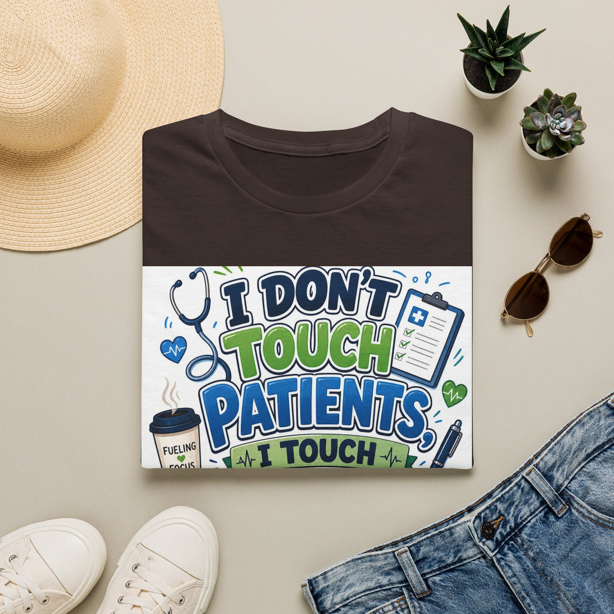 Humorous T Shirt Design Featuring Playful Healthcare And Spreadsheet Imagery