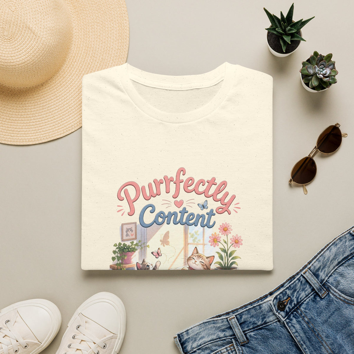 Purrfectly Content T-Shirt — Cute Cat Graphic Tee for Cat Lovers