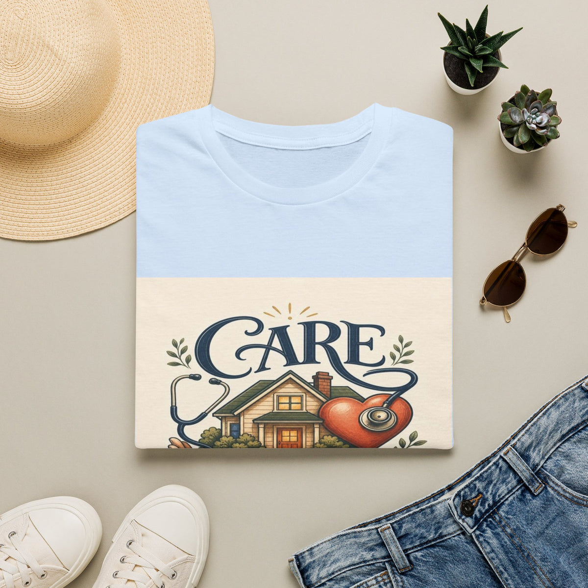 T-shirt Design Featuring Care Comes Home With Warm Illustrations- Graphic Tees