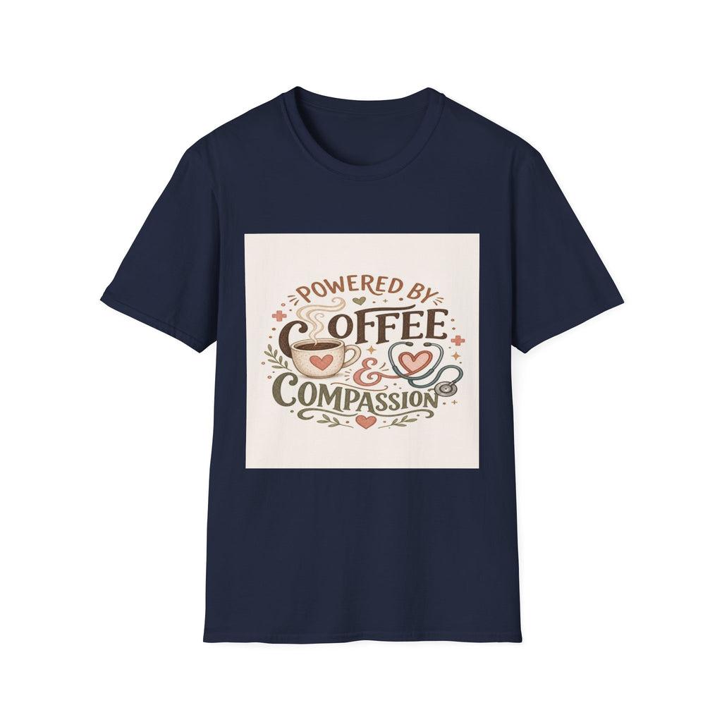 Cozy T-shirt Design Featuring Hand-Lettered Coffee and Compassion- Graphic Tees