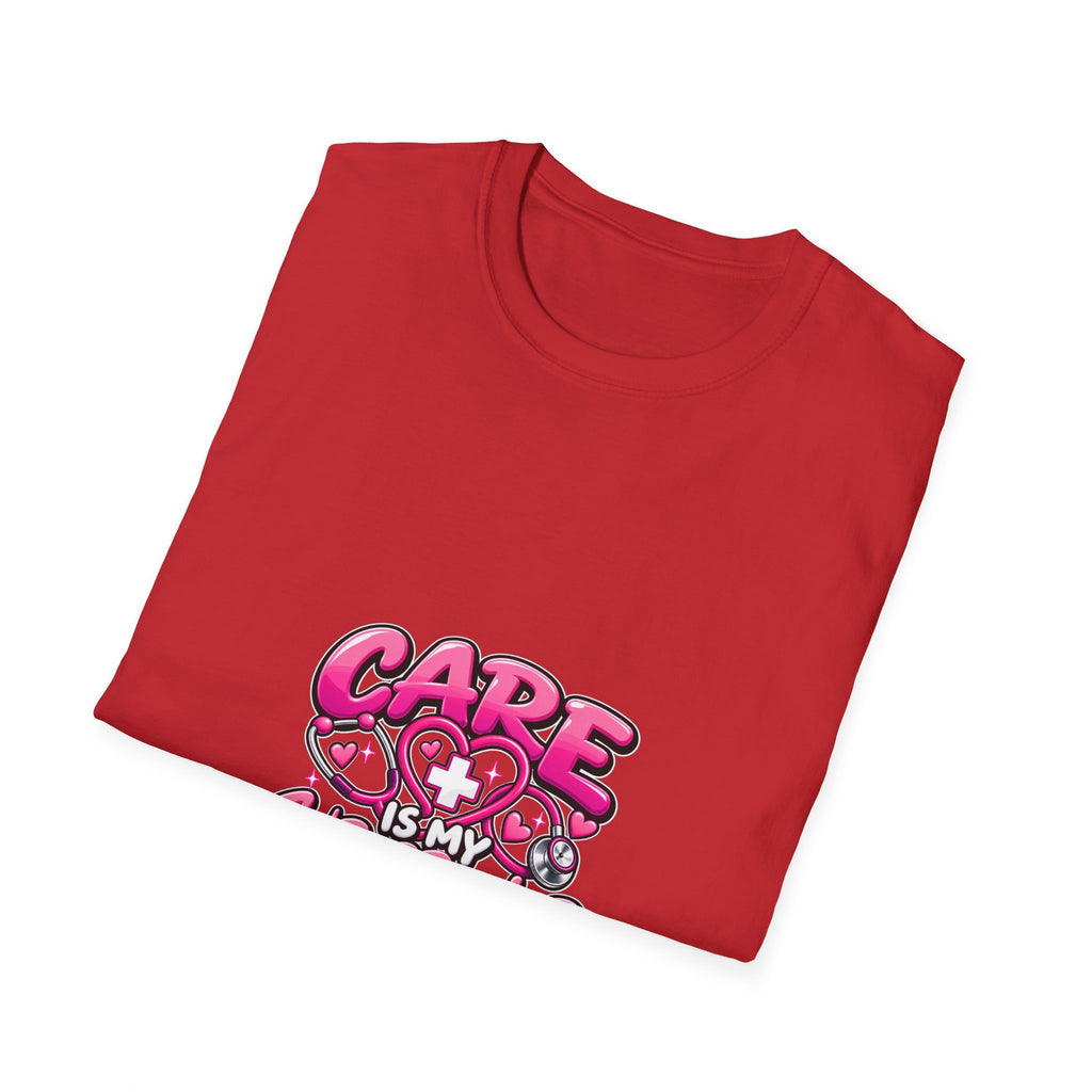Care Is My Superpower T-Shirt — Cute Pink Heartcare Graphic Tee for Nurses & Caregivers