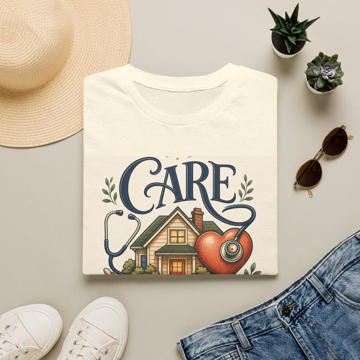 T Shirt Design Featuring Care Comes Home With Warm Illustrations