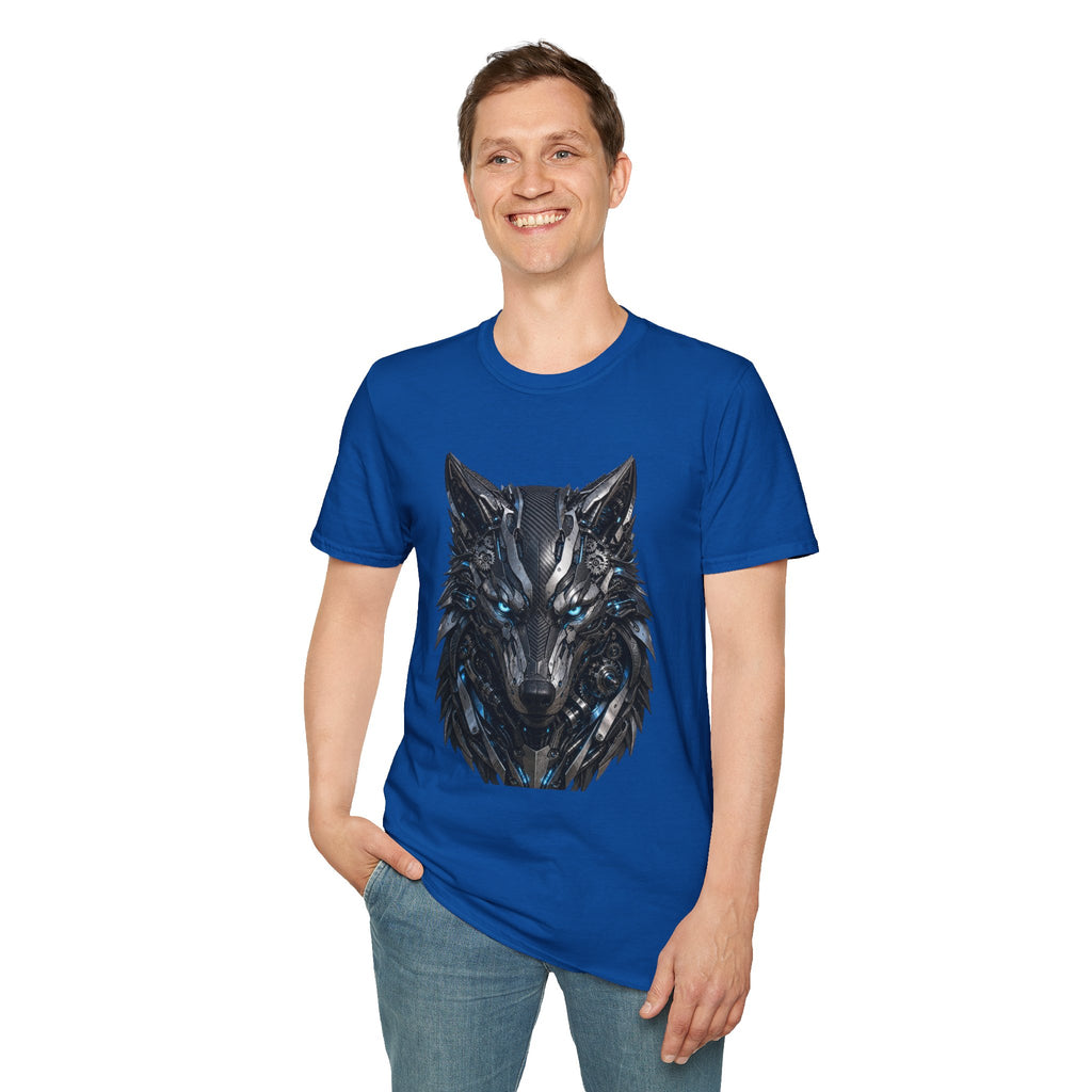 Wolf Mask T-Shirt — Futuristic Blue-Eyed Cyber Wolf Graphic Tee