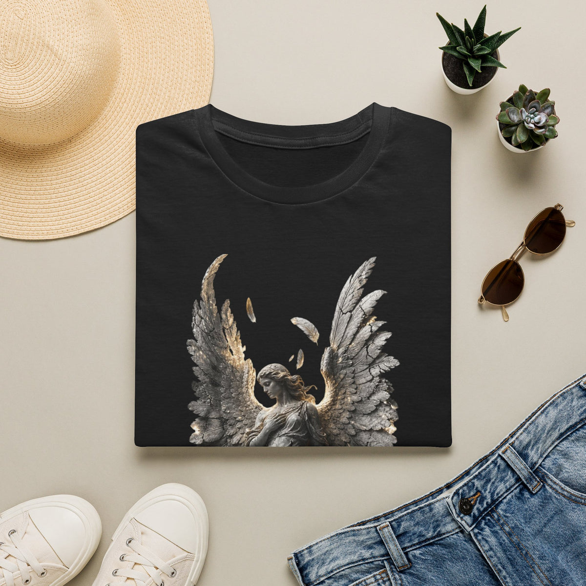 Angel Wings Graphic T-Shirt — Fallen Feather Statue Design